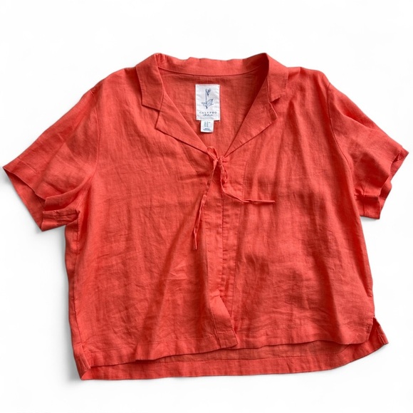 Calypso St Barth Coral Red 100% Linen Blouse Tie Front Short Sleeve Top M Boho - Picture 1 of 5